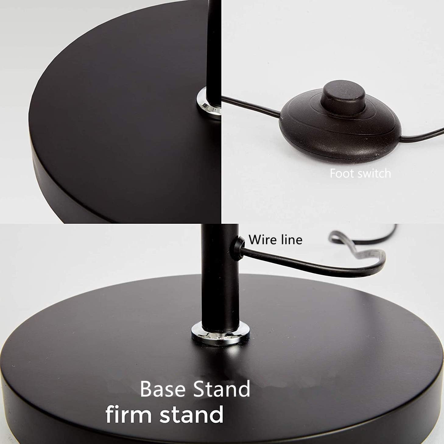 Black base stand with foot switch and wire line on a white background