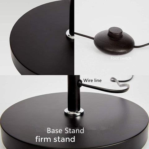 Black base stand with foot switch and wire line on a white background