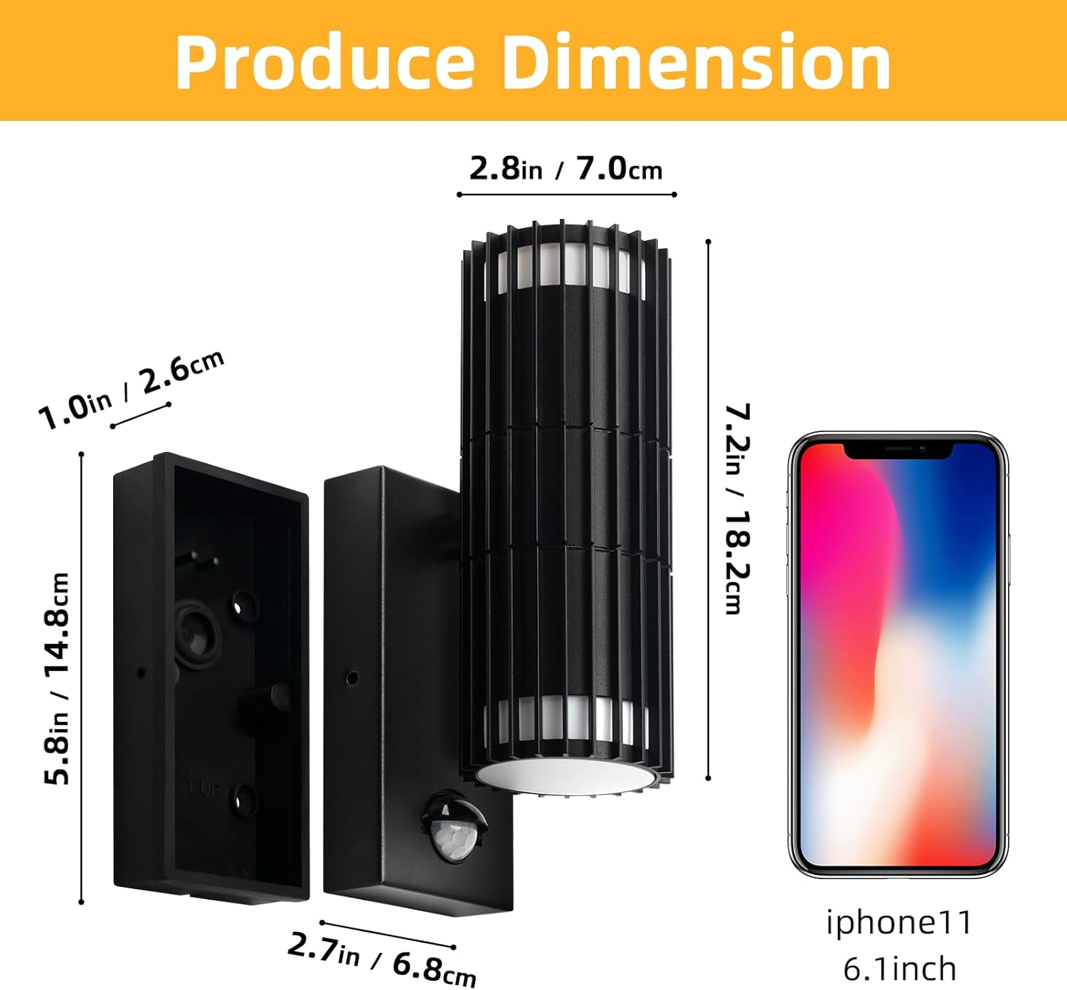 Black outdoor wall light with dimensions shown relative to an iPhone 11