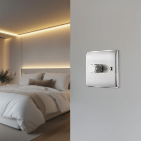 Nexus Metal Intelligent Single Dimmer Switch – 2 Way, Brushed Steel, Raised Profile, Rotary Control, 200W