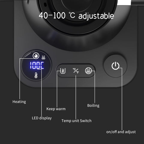 RHD Electric Gooseneck Kettle 0.9L – LCD Display, Real-Time Temp Control, 1200W Fast Heat, 304 Stainless Steel, Matte Black