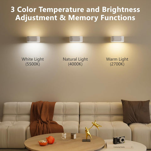 2PACK Rechargeable White Wall Light, Battery Operated Wall Lamp with Touch Control 3 Color Modes, 4 Dimmings, 360 ° Rotation, 1H Timer, Rechargeable Wall Sconce for Reading Bedroom