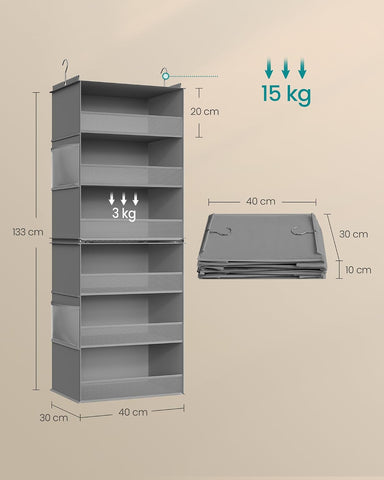 SONGMICS Hanging Wardrobe Organiser, 6-Tier Fabric Storage, Dove Grey
