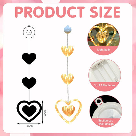 3Pcs LED Heart Shaped Fairy Lights, Battery Powered Valentine Window Lights with Suction Cups, Love Heart Hanging Curtain Lights for Window, Door & Home Decor