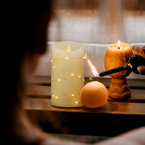 Flameless LED Wax Pillar Candles with Fairy Lights, Remote & Timer, Flickering Battery Operated Candle Set of 3 (4″/5″/6″)