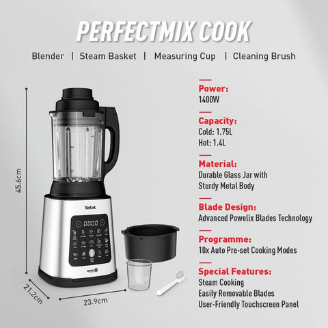 Blender & Soup Maker 2L – Perfectmix Cook with 10 Auto Programs, Smoothie Maker, Glass Jug, Removable Blades, Cleaning Brush