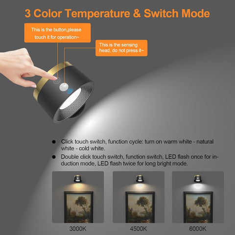 Light fixture with touch control for color temperature and switch mode on a dark background.