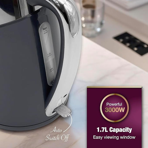 1.7L Fast Boil Electric Kettle – 3000W Energy Efficient Quiet Cordless Kettle with 360° Swivel Base – Grey