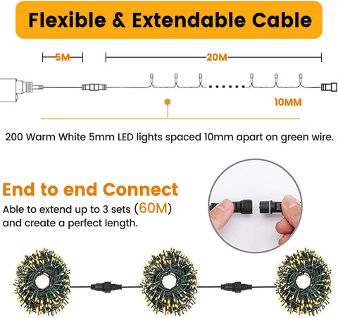 Marketo 20M 200 LED Christmas Tree Lights – Warm White Christmas String Lights with 8 Lighting Modes & Memory Function for Trees, Weddings, Parties & Home Décor