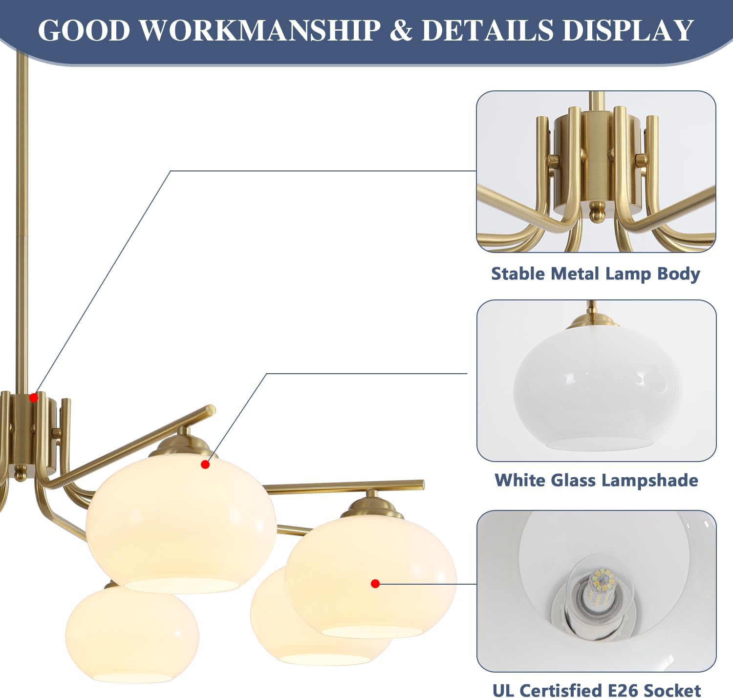 Chandelier with stable metal lamp body and white glass lampshade, UL certified E26 socket.