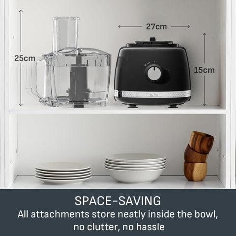 Black Collection 500W All-In-One Food Processor – 2.4L Bowl, 13 Functions, 2 Speeds, 4 Accessories, Dishwasher Safe