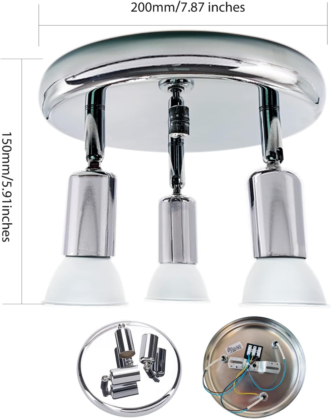 Ceiling light fixture with three bulbs and measurement details on a white background