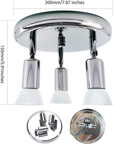 Ceiling light fixture with three bulbs and measurement details on a white background