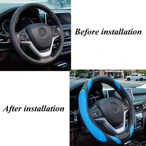 Leather Car Steering Wheel Cover - Anti-Slip Sport Design Blue