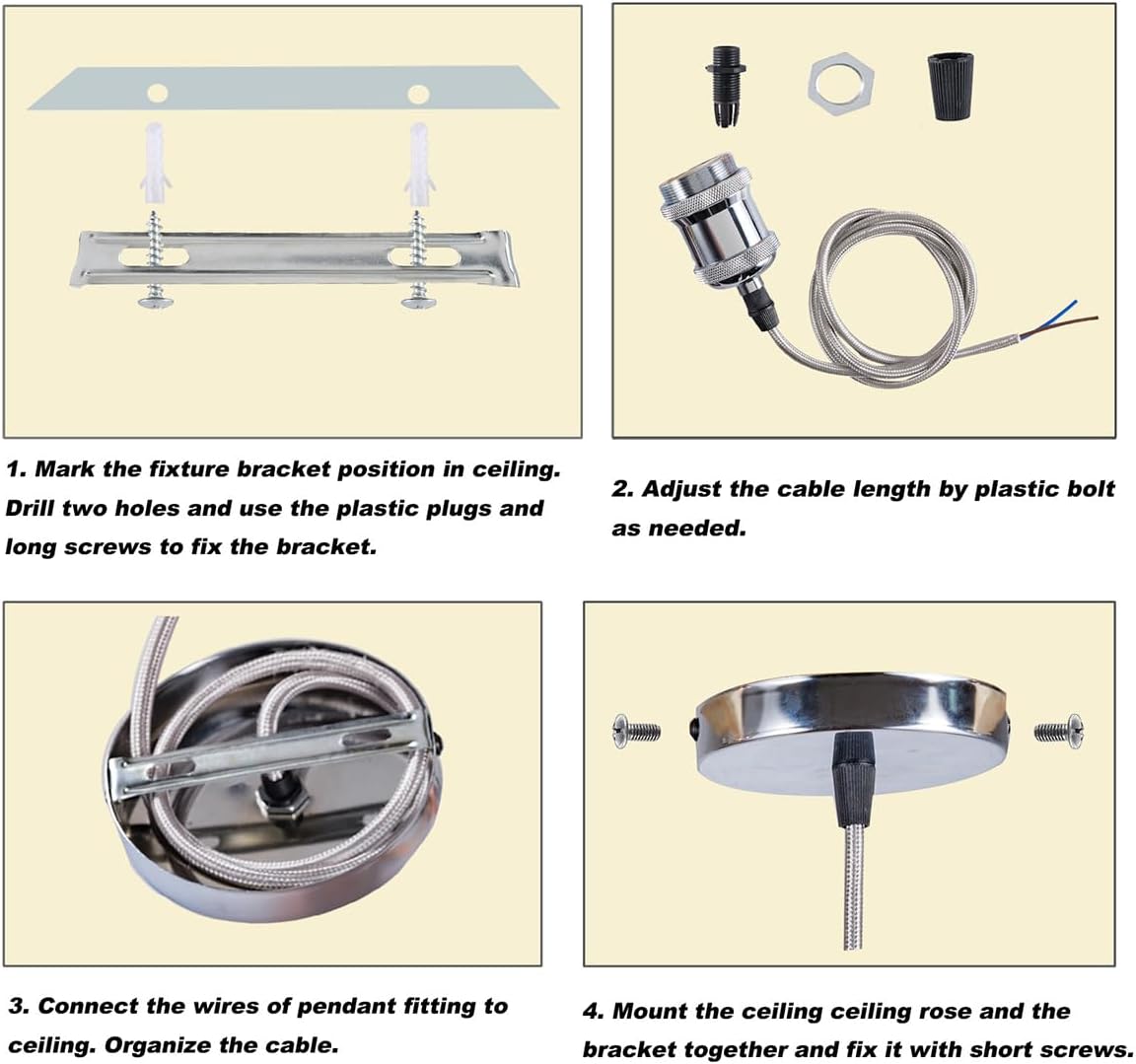 Step-by-step installation guide for a ceiling light fixture with diagrams and text instructions.
