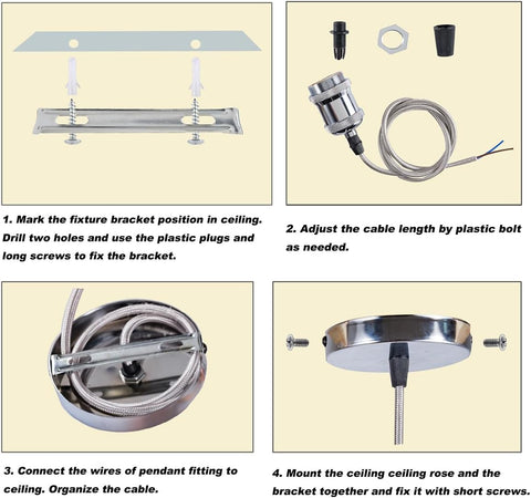 Step-by-step installation guide for a ceiling light fixture with diagrams and text instructions.