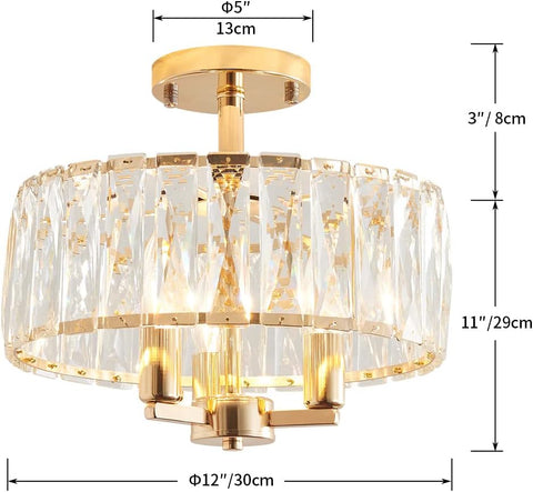 K9 Crystal Semi Flush Ceiling Light, Gold Finish, 3-Light Fixture