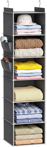 Yirilan 6-Shelf Hanging Wardrobe Organiser with 2 Side Pockets – Foldable Clothes Storage for a Tidier Home