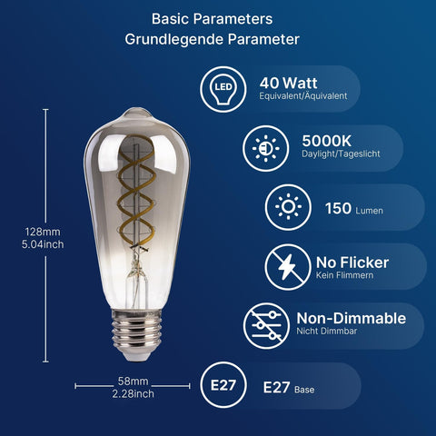 LED light bulb with specifications on a blue background