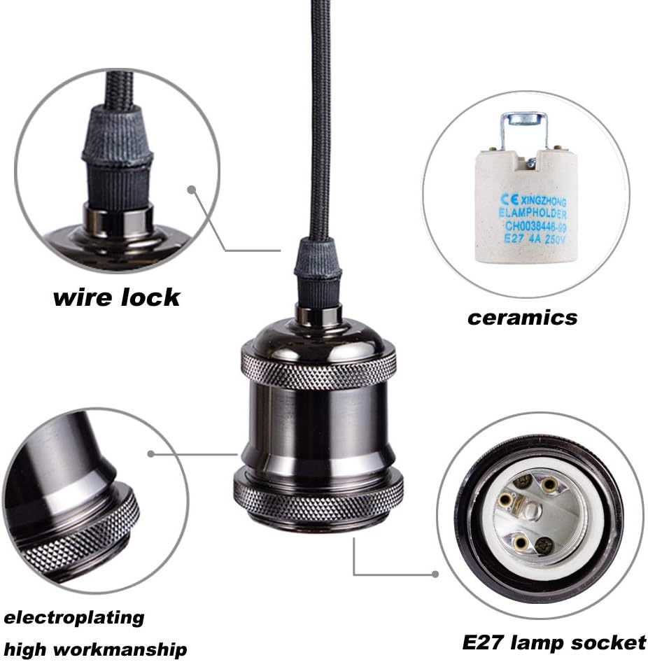 Lamp holder with labeled parts including wire lock, ceramics, electroplating, and E27 lamp socket.