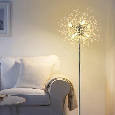 Decorative floor lamp with a modern design in a living room setting.