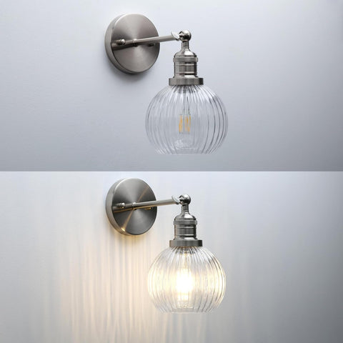 Modern Indoor Vintage Wall Light Sconce with Clear Striped Glass Globe for Farmhouse Living Room Bedroom Bathroom