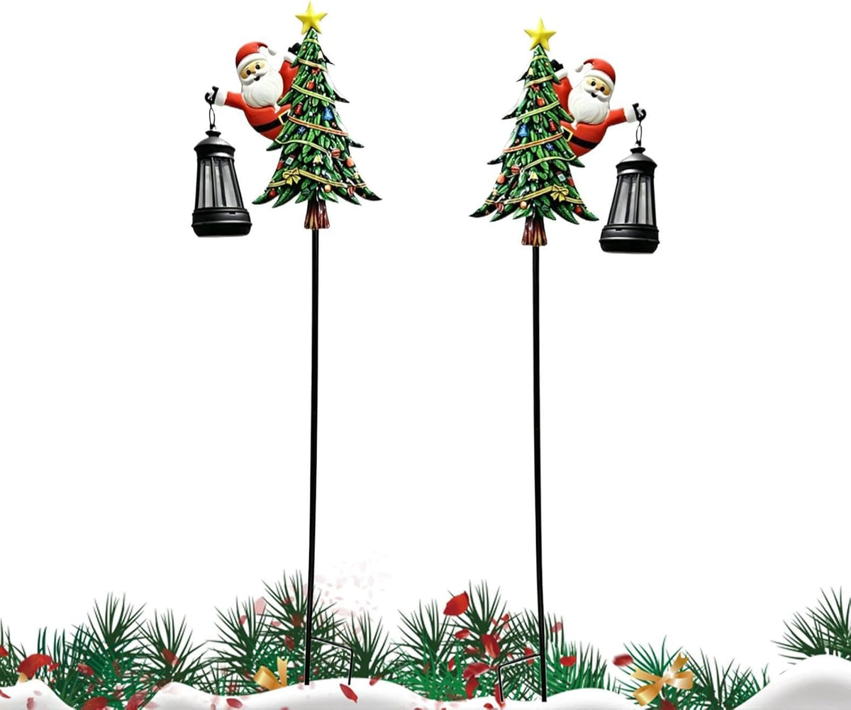 Christmas Solar Stake Lights, Tree Santa Lantern Pathway Lighting, 2 Pieces