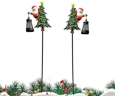 Christmas Solar Stake Lights, Tree Santa Lantern Pathway Lighting, 2 Pieces