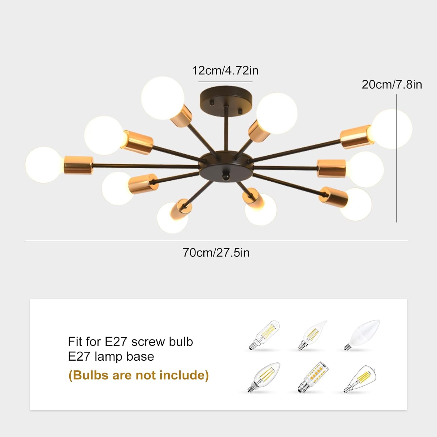 Chandelier with measurements and bulb compatibility information on a white background