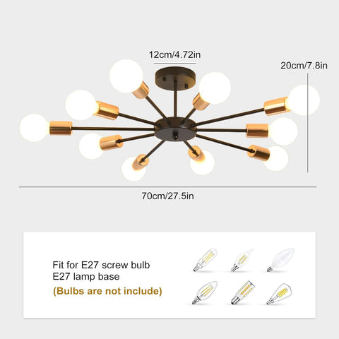 Chandelier with measurements and bulb compatibility information on a white background