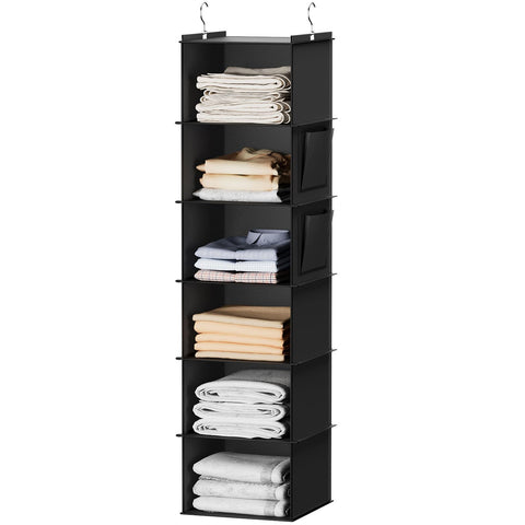 YOUDENOVA Hanging Wardrobe Organiser, 6 Shelves with Side Pockets, Grey – Make Every Shelf Count