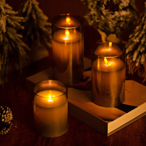 Flameless LED Glass Pillar Candles with Remote & Timer, Real Wax Flickering Wick Battery Operated Candle Set of 3 (4″/5″/6″, Grey)