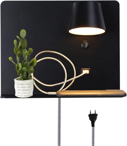 Modern LED Wall Light with USB Port & Shelf – 6W 520LM Adjustable Reading Wall Sconce, Warm White 2700K Lamp for Bedroom & Living Room