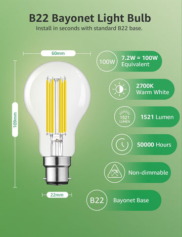 B22 LED Filament Bulb 7.2W 2700K Warm White