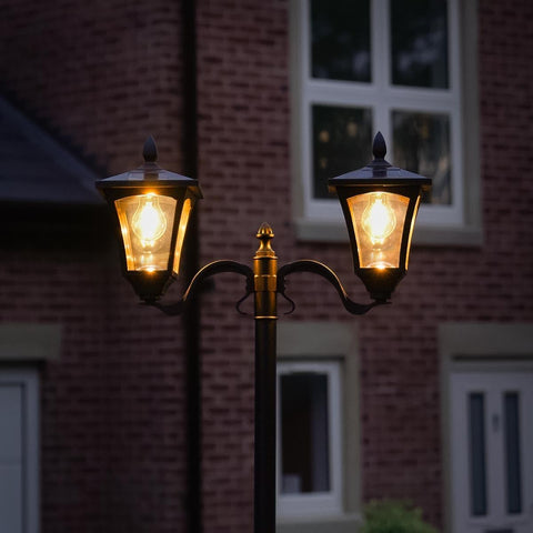 Festive Lights - 2.1m (7ft) Solar Filament Effect Twin Head Traditional Victorian Style Lamp Post Light - 6 Warm White LEDs, Dual Brightness Settings - Outdoor Garden Feature, IP44 Rated, Fixing Kit