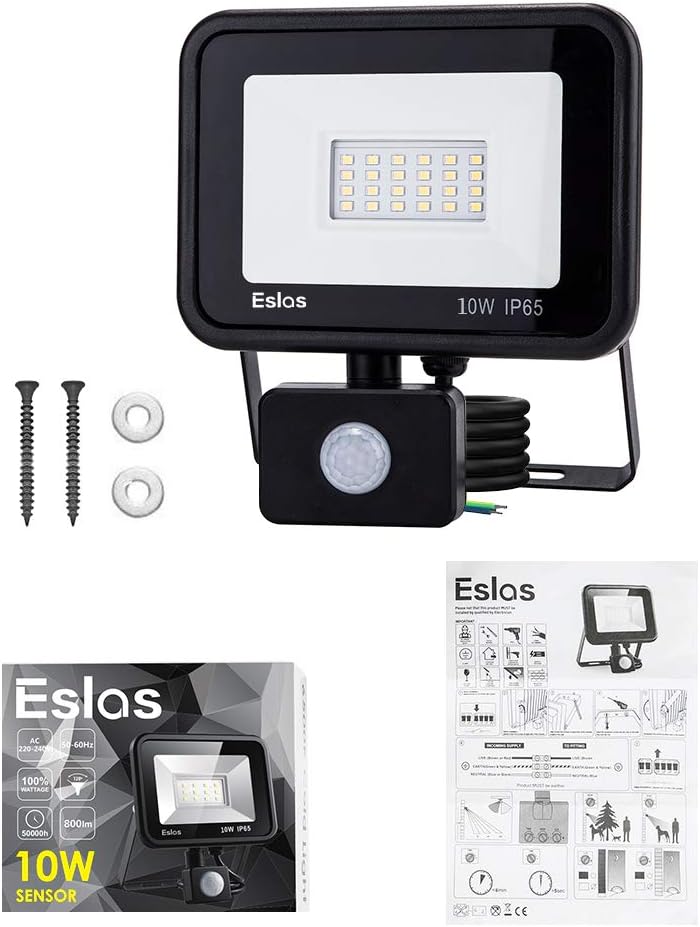 Eslos LED flood light with packaging and accessories on a white background
