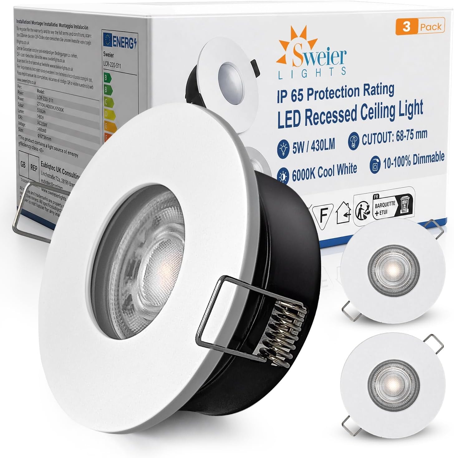 LED Downlights IP65 Waterproof Bathroom Spotlights 68-75Mm Cut Out | 4 Pack 5W GU10 3000K Class II Luminaire, Easy Install Black Recessed Ceiling Lights for Shower, Mains Powered