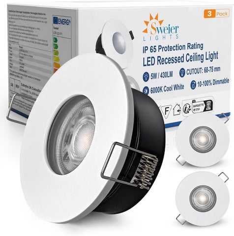 LED Downlights IP65 Waterproof Bathroom Spotlights 68-75Mm Cut Out | 4 Pack 5W GU10 3000K Class II Luminaire, Easy Install Black Recessed Ceiling Lights for Shower, Mains Powered