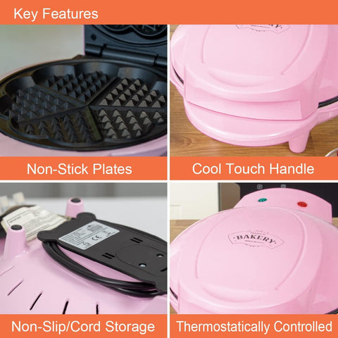 Heart Shaped Waffle Maker – 1000W, Non-Stick Plates, Easy Clean, Thermostatic Design, 25x22cm, Pink