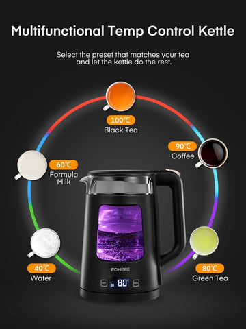 1.7L Glass Electric Tea Kettle – 5 Temp Control, Keep Warm, Fast Boil 2200W, Auto Shut-Off, LED Lights – Black