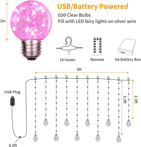 Wishing Ball Curtain Lights 200 LED Pink Fairy Globe Curtain Lights with Remote