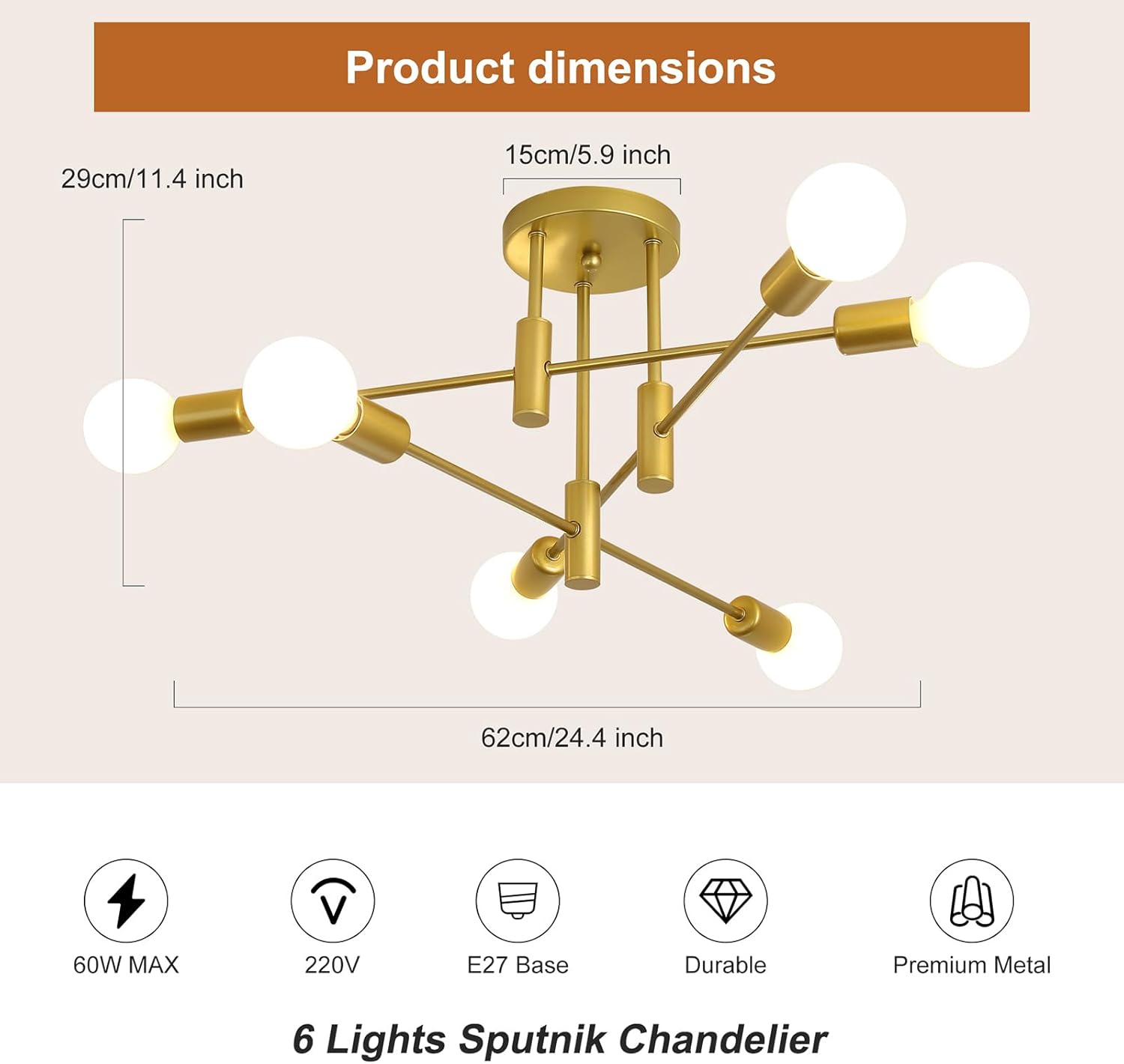 Gold chandelier with dimensions and product details on a beige background
