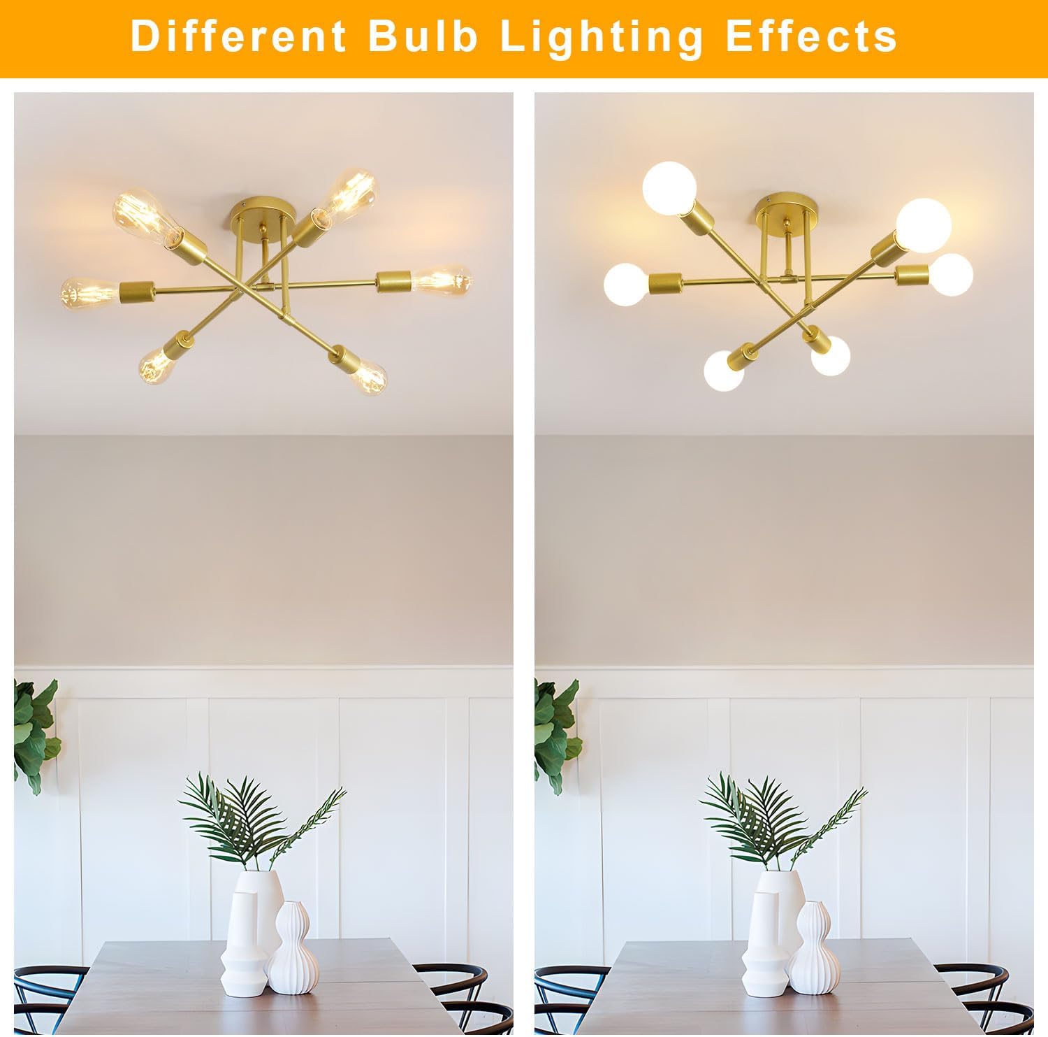 Comparison of a ceiling light fixture with different bulb lighting effects in a dining room setting.
