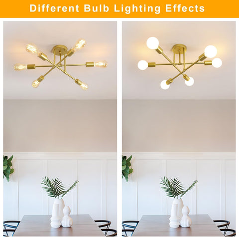 Comparison of a ceiling light fixture with different bulb lighting effects in a dining room setting.
