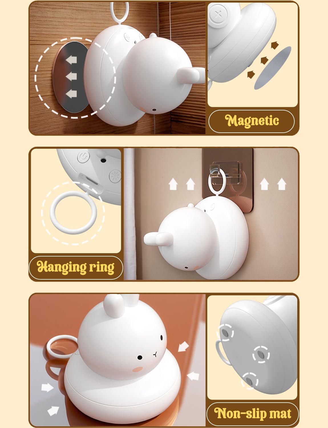 Product showing a white animal-shaped holder with magnetic, hanging ring, and non-slip mat features on a beige background.