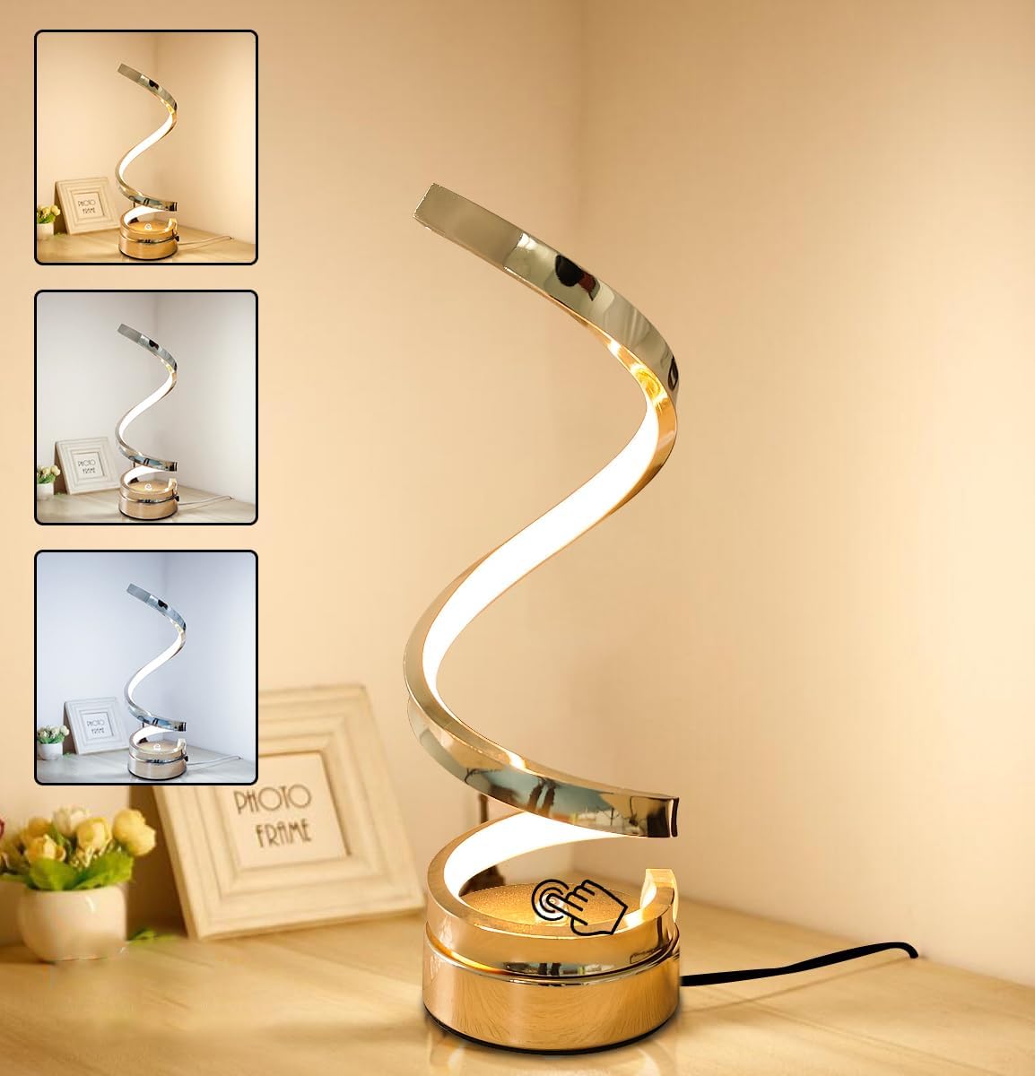 Gold spiral table lamp on a desk with decorative elements.