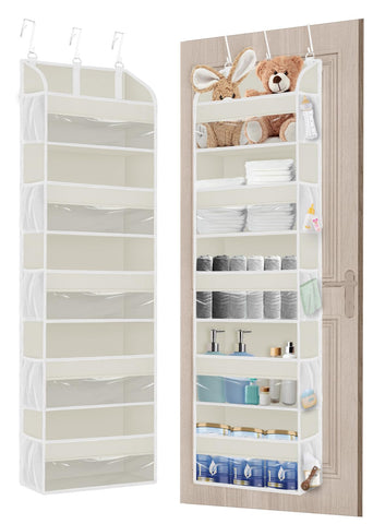 TAHAVICE Over The Door Storage Organiser, 5 Clear Window Pockets and 10 Mesh Side Pockets, Grey – Turn Unused Door Space into Smart Storage