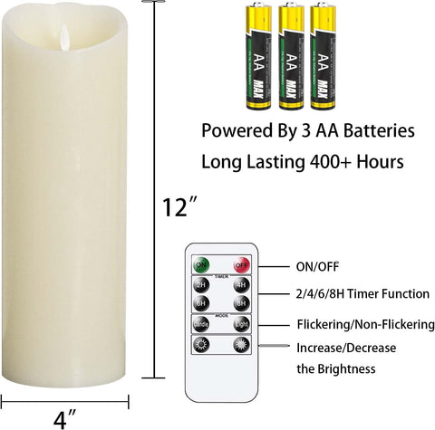 30cm Real Wax Flameless LED Pillar Candle with Remote, Timer & Moving Wick
