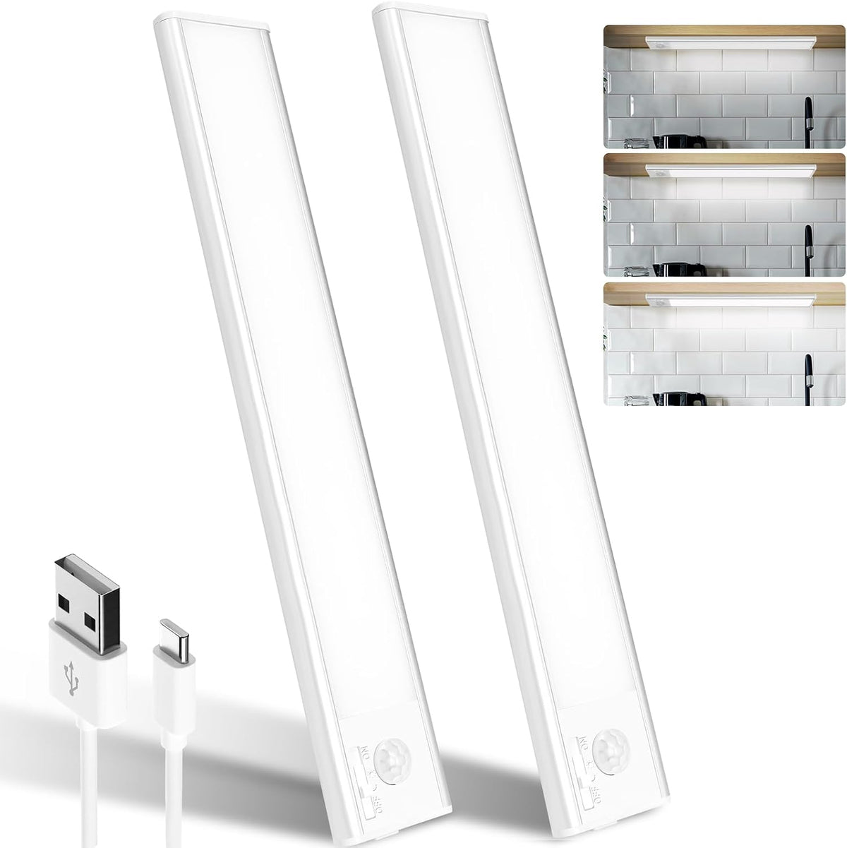 2Pack Under Cabinet Kitchen Lights – 39 LED Rechargeable Motion Sensor Lights with 1500mAh Battery, Dimmable 6500K White Light for Cupboards & Worktops - Brightness Where You Need It, Without the Fuss