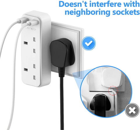 JSVER Double Plug Adaptor with 2 USB Ports – 13A White 2-Way UK 3-Pin Socket Adapter with 2.4A USB Charging for Home & Office – Make One Wall Socket Work Harder for Your Everyday Essentials